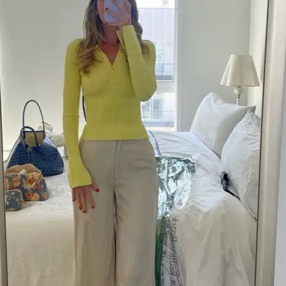 A.L.C. Lemon Yellow Ribbed Polo Sweater XS Bodycon Flared Sleeve Designer $325 - Picture 9 of 13